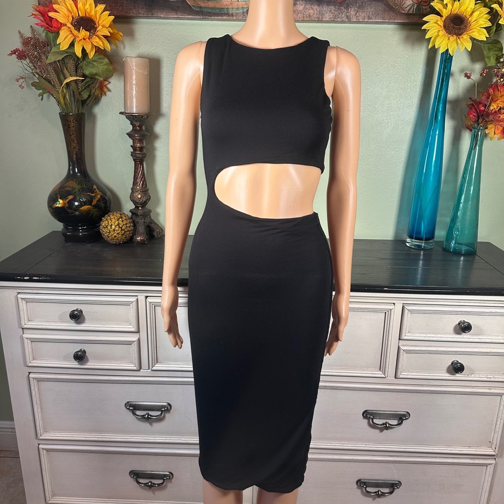 Naked Wardrobe Black Cutout Midi Dress Bodycon Minimalist Glam Going Out Party